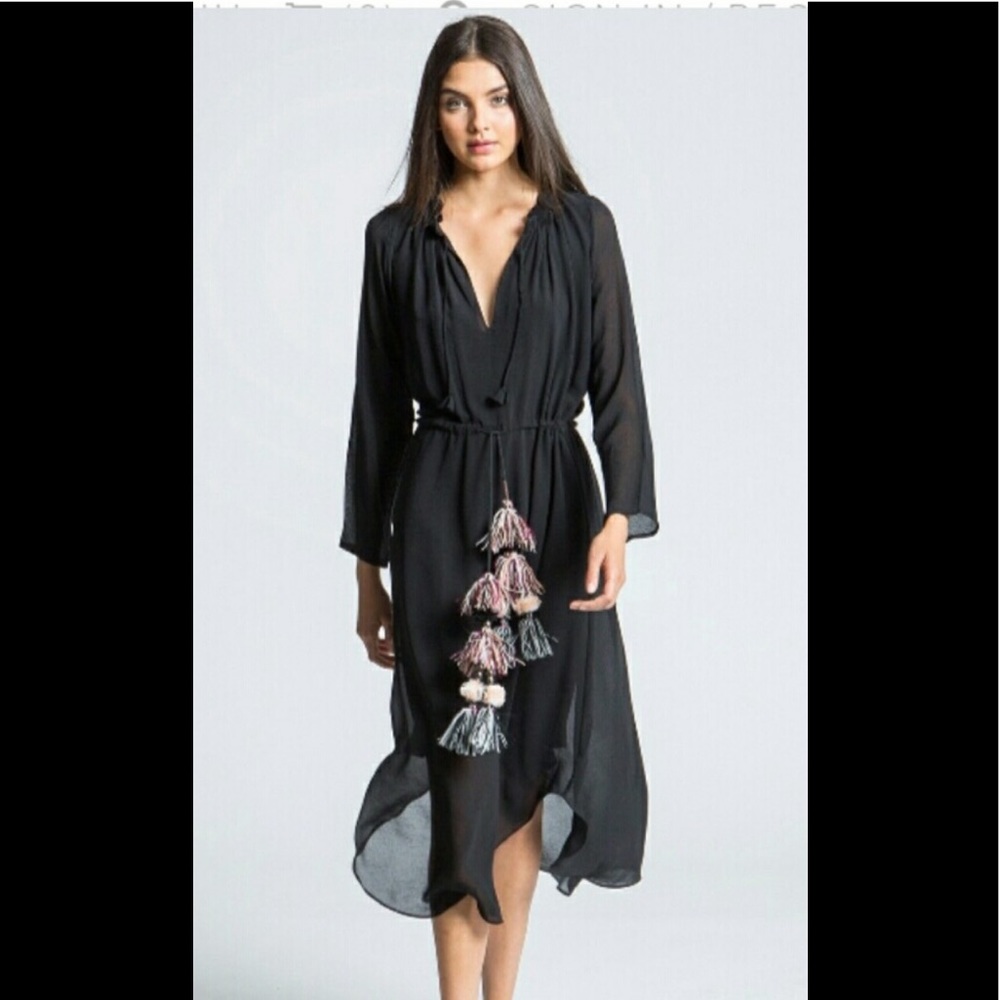 Misa Midi Sheer Boho Tassel Dress Black XS Long Sleeve